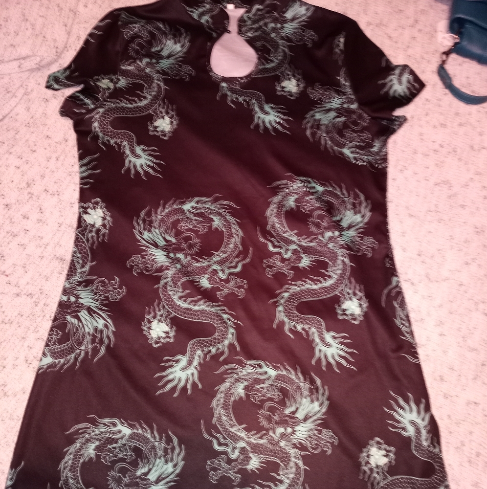 Teal Dragon print silky material stretch dress